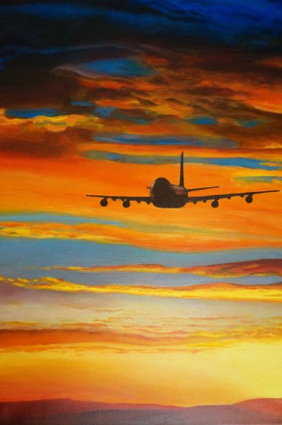 Самолет в небе живопись