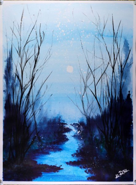 Пейзаж в холодных тонах гуашью