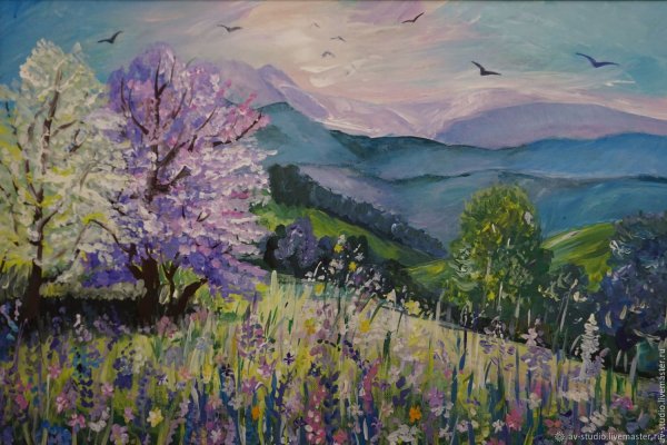 Пейзаж гуашью с прудом