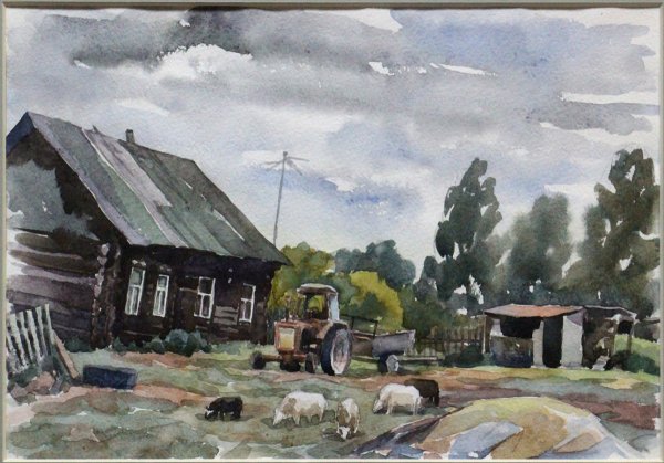 Деревенский пейзаж акварелью
