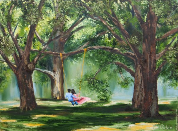 Дерево акварель с качелей