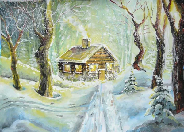 Зимний пейзаж акварелью для детей