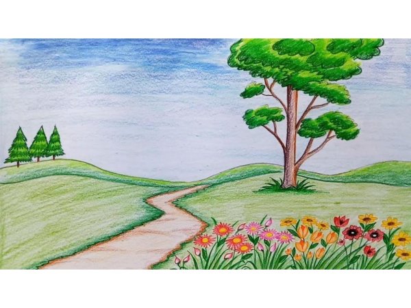 Летний пейзаж цветными карандашами