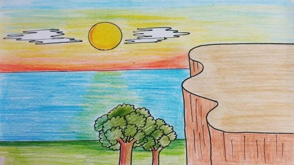 Пейзаж цветными карандашами