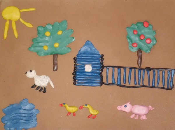 Пейзаж деревни пластилином