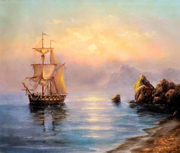 Море парусник Маяк живопись