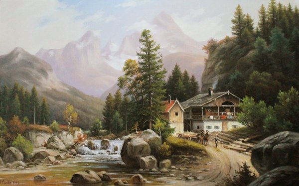 Картина "Альпийский пейзаж с домом" Оскар Муллей