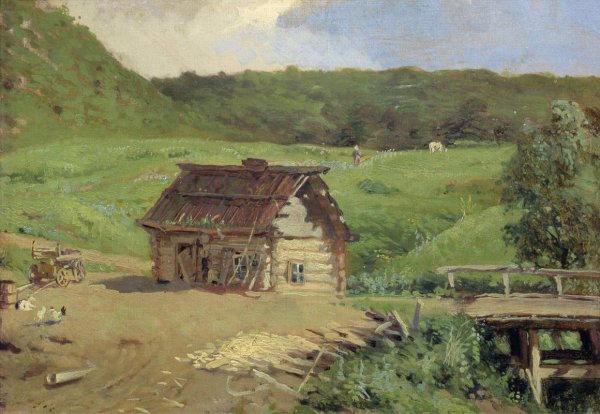 Михаил Нестеров пейзаж с избой и мостиком