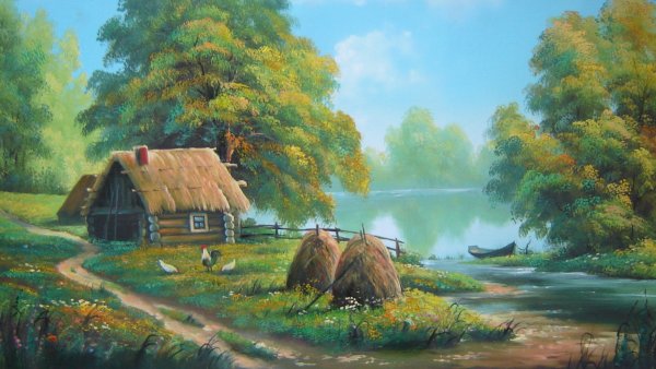 Пейзаж с домиком маслом