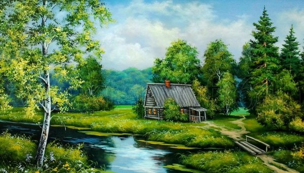 Пейзажа домик на опушке леса