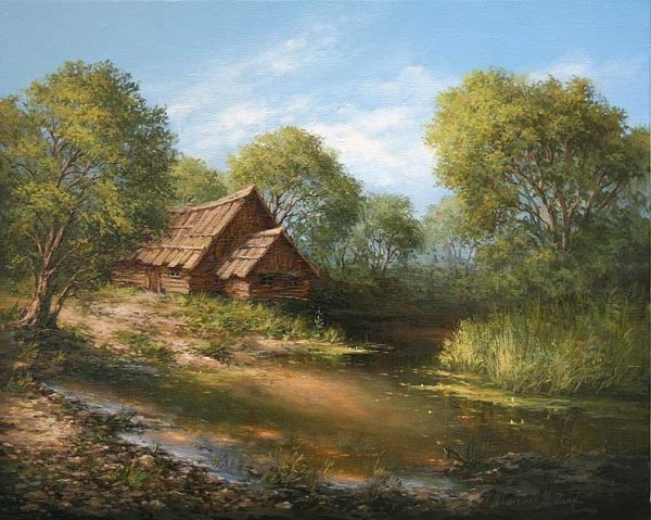 Пейзаж дом у реки