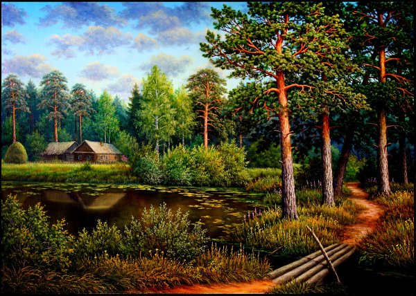 Природа лес река деревенский дом березы