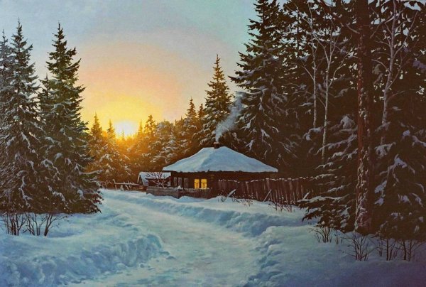 Зимний пейзаж с избушкой