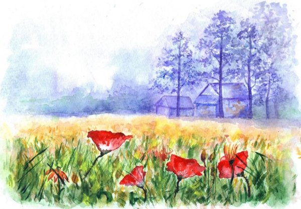 Горы летом акварель