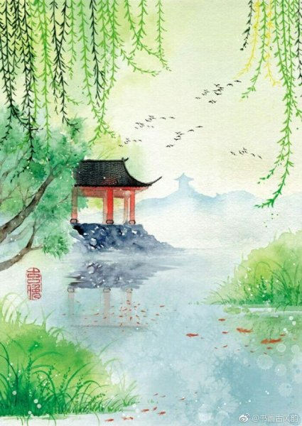 Китайский пейзаж гуашью