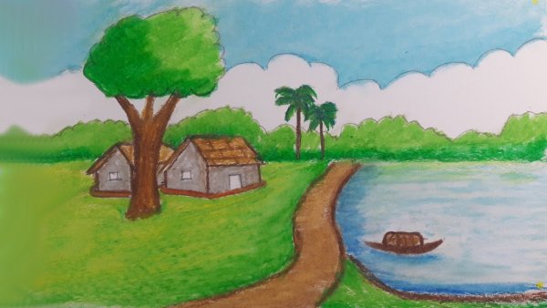 Пейзаж цветными карандашами для детей