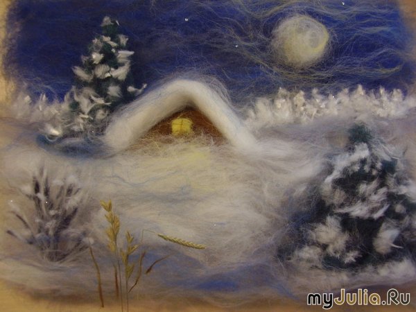 Панно из шерсти зима