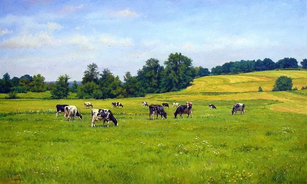 Деревенский пейзаж с коровами