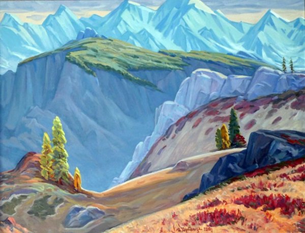 Пейзаж горы гуашью