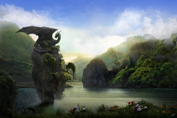 Фантастический пейзаж с драконом