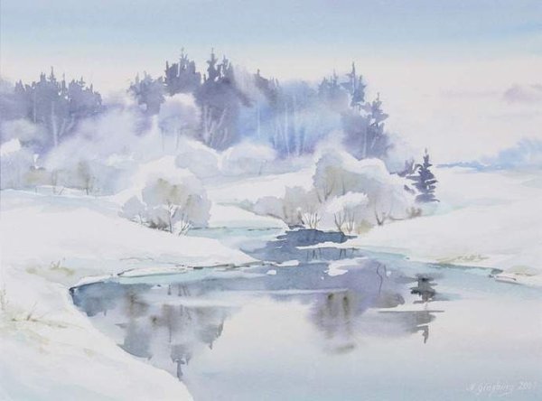 Зимний пейзаж акварель по сырому