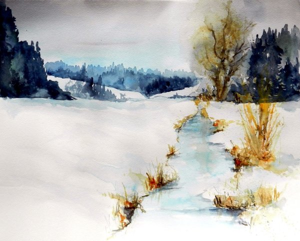 Екатерина Губина акварель зимний пейзаж