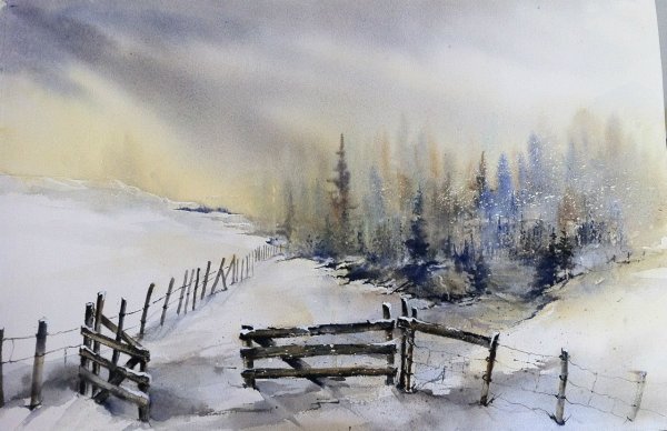 Зимний лес акварель