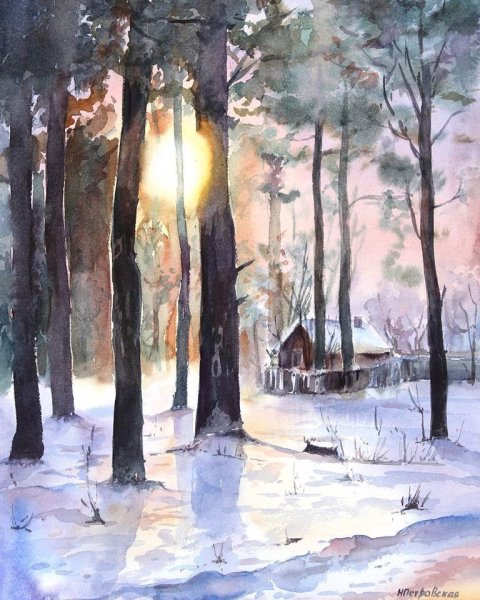 Зимний пейзаж акварелью для детей