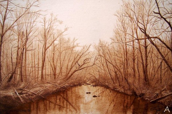 Выжигание по дереву речка