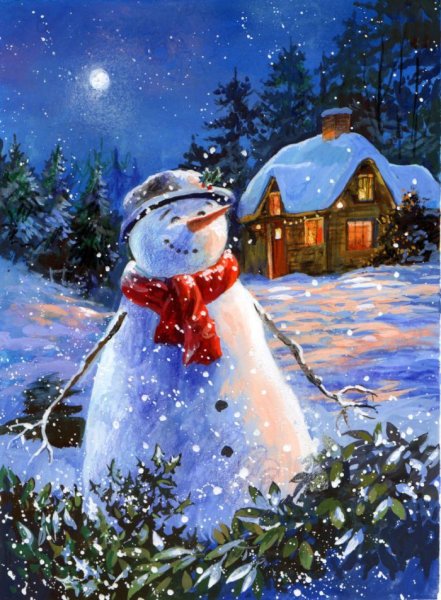 Зимний лес со снеговиком