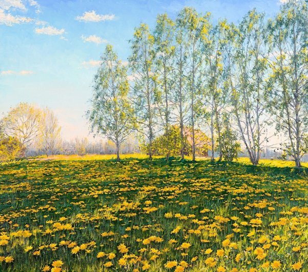 Живопись маслом пейзаж Одуванчиковое поле