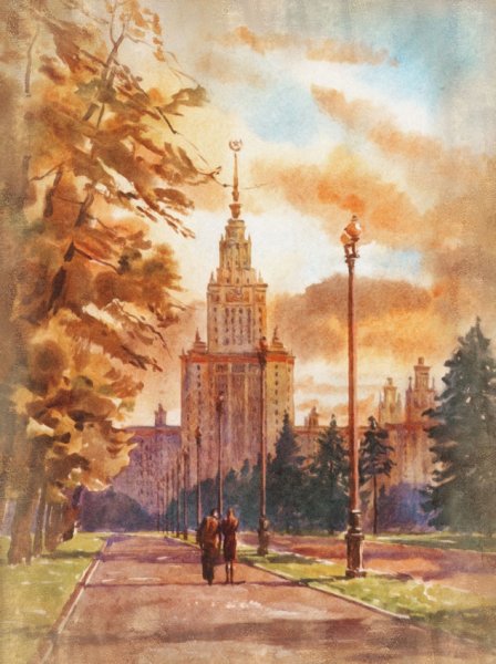 Здание МГУ акварель