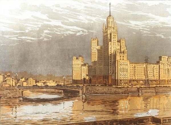 Высотка на Котельнической набережной акварель