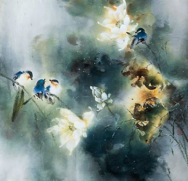 Китай пагода пейзаж акварель