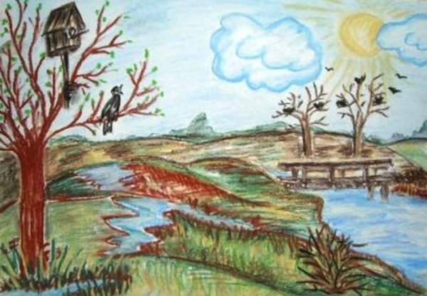 Весенний пейзаж цветными карандашо