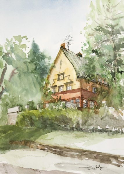 Пейзаж с деревьями акварелью