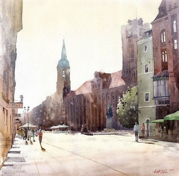 Нежные акварели городской пейзаж