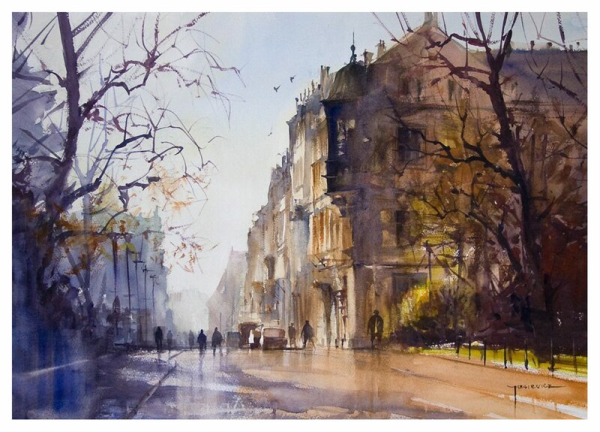 Ночной городской пейзаж акварелью