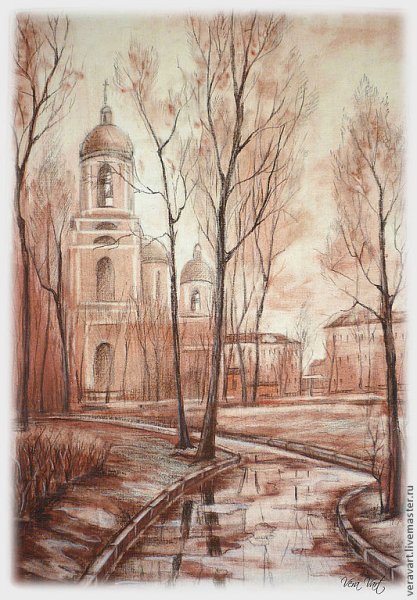 Пейзаж сангиной и углем