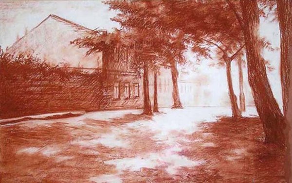 Пейзаж сангиной и сепией