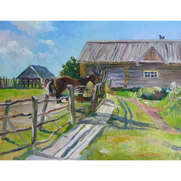 Лошади в деревне живопись