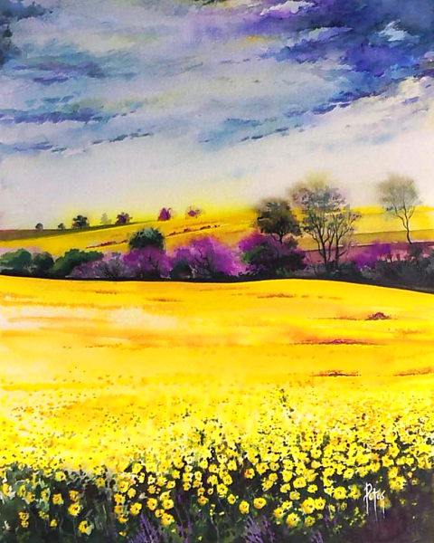 Цветочное поле акварелью