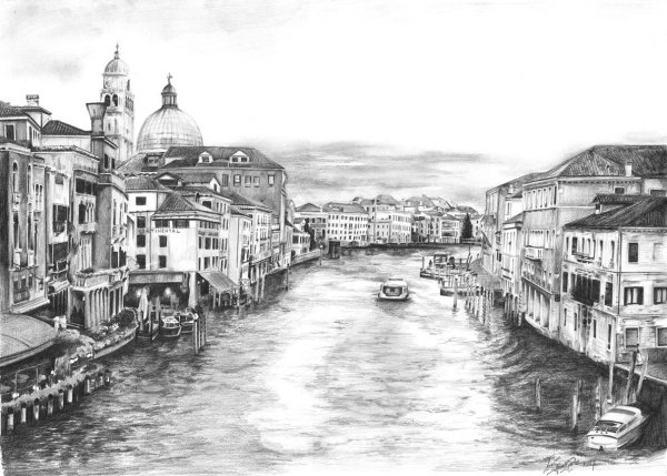 Пейзаж города рисунок карандашом