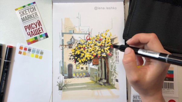 Зимний пейзаж скетч маркерами