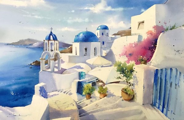 Пейзаж Санторини акварель