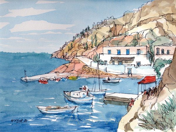 Санторини акварель