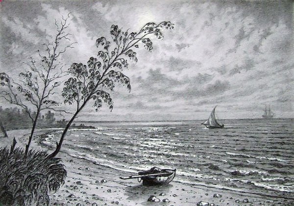 Морской пейзаж в графике