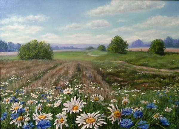 Пейзаж с ромашками живопись
