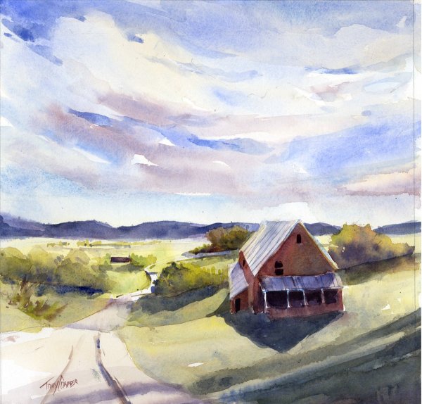 Сельский пейзаж акварелью