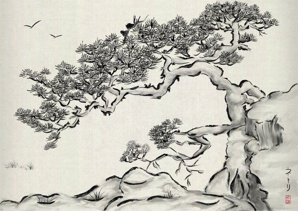 Японская живопись Суми э сад